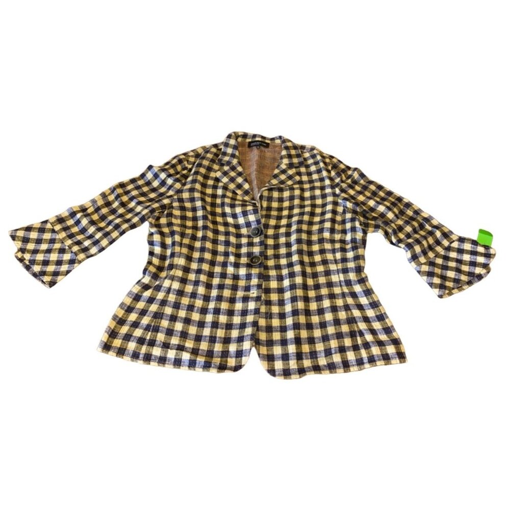 Jones New York Plaid Linen Jacket Size 14 Button-Front 3/4 Ruffle Sleeves Womens